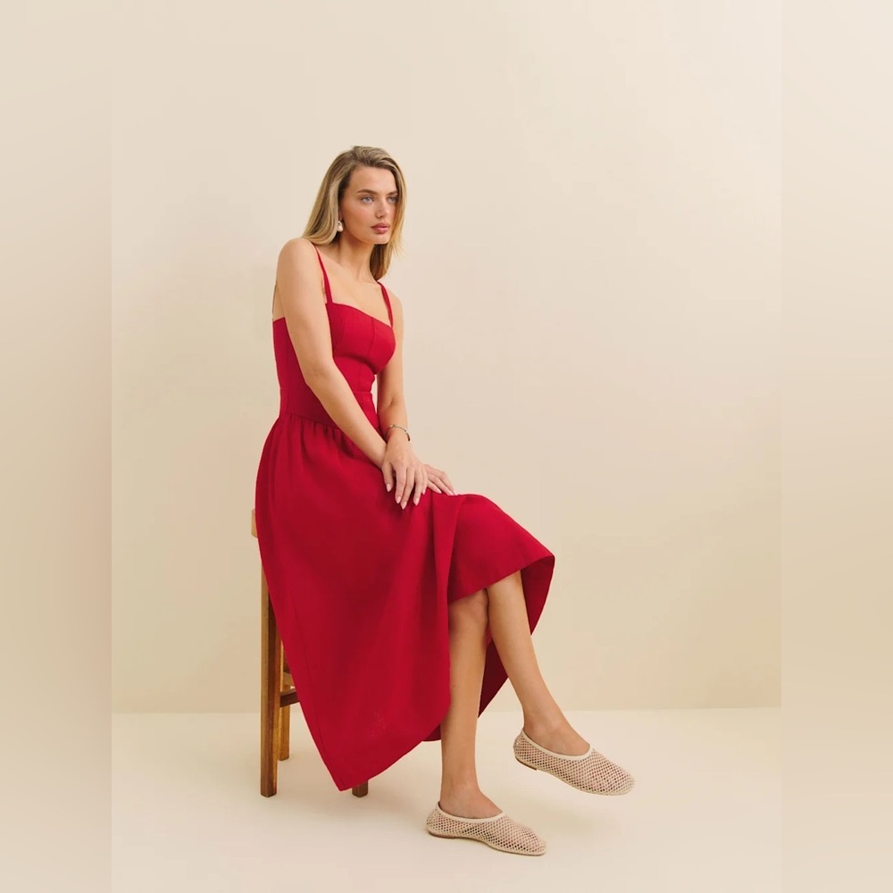 NEW Reformation Katarin Linen Midi Dress Lipstick Red Lace Detail | US 4 UK 8 - Picture 7 of 17